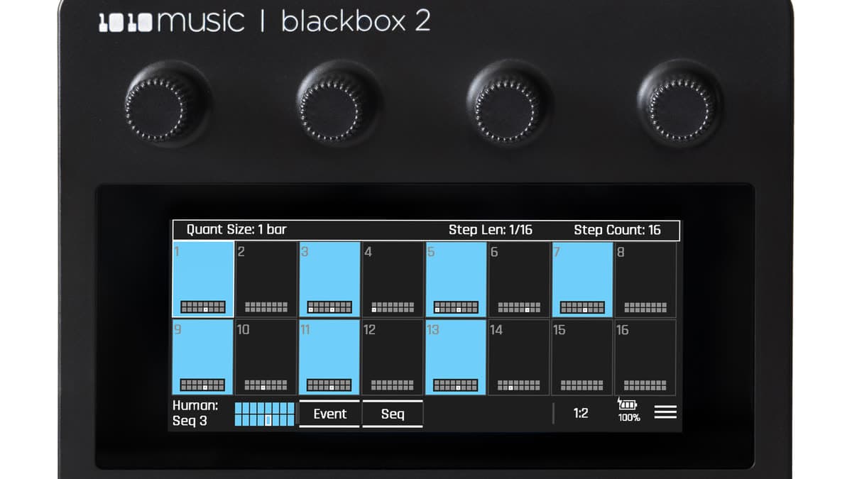 1010music blackbox 2 desktop sampler with 4-inch touchscreen, four encoders, and step sequencer grid