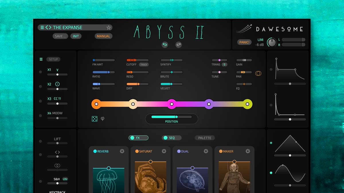 Dawesome Abyss II colour-engine synthesizer interface with gradient bar, FX slots, and THE EXPANSE preset