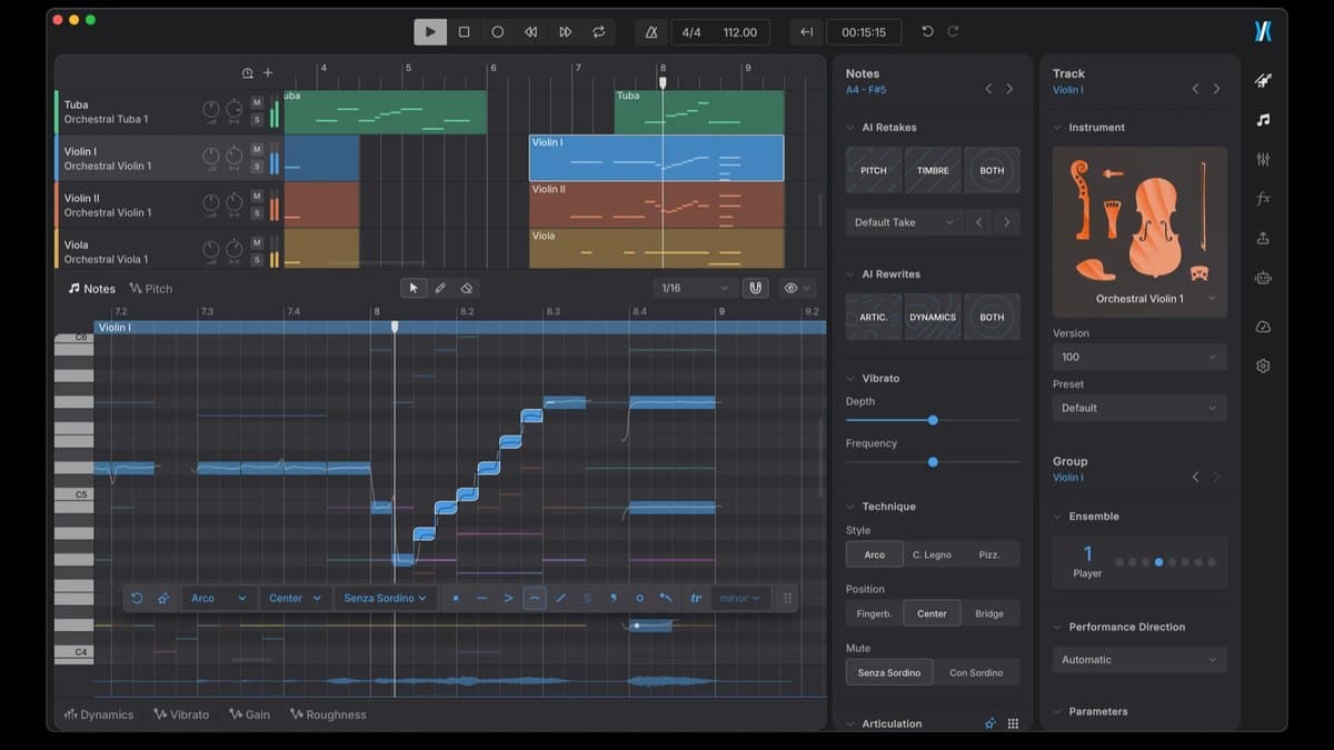 Dreamtonics Instrument X editor showing Violin I piano roll, articulations, and AI Retakes