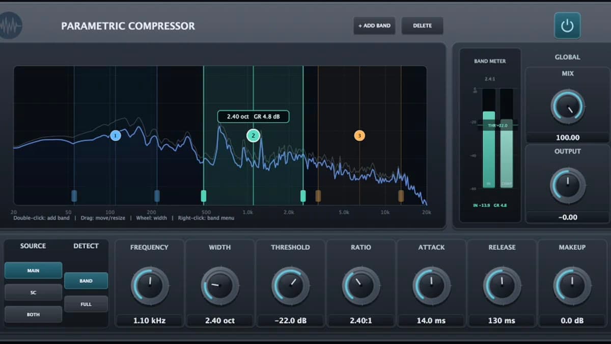 Parish Audio Parametric Compressor plugin with an interactive spectrum, overlapping compressor bands, and per-band dynamics controls