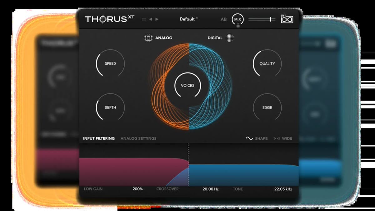 UVI Thorus XT dual-engine chorus plugin showing Analog and Digital modes with morphable voices